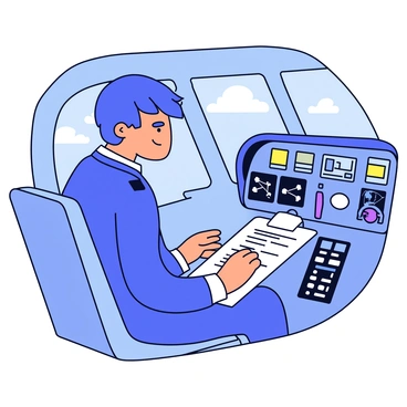 A pilot wearing a dark blue flight uniform sits in the cockpit of an airplane. The cockpit has various instruments and screens displaying flight information. The pilot is focused on a checklist, which is laid out on a small clipboard in front of them. The checklist has neatly printed lines and bullet points for different pre-flight tasks. The pilot is surrounded by the control panel, with clearly labeled buttons and switches within reach. The windows of the cockpit show a clear sky outside, indicating a sunny day.
