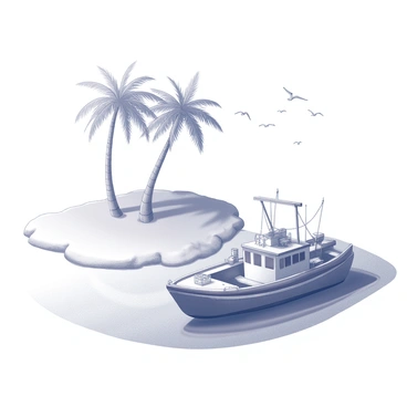 A fishing barge is moored beside a tropical island. The barge is wooden, with fishing nets and equipment visible on its deck. The island features several tall palm trees swaying gently, casting shadows on the sandy shore. The waters surrounding the island are clear and calm, reflecting the shape of the barge. The shoreline has a gentle curve, with some rocks peeking out of the water. Seagulls are flying overhead, adding to the coastal atmosphere.