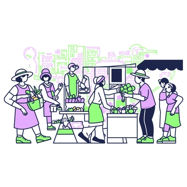 A bustling village market scene filled with activity. In the foreground, a group of people are engaged in bartering. One individual, wearing a straw hat, is holding a basket filled with fresh vegetables while negotiating with a vendor behind a wooden stall. The vendor is displaying an array of colorful handmade goods, including woven baskets and handcrafted pottery. Nearby, a woman in a patterned dress is examining a vibrant selection of fruits on a table, while a child stands beside her holding a small toy. In the background, multiple stalls line the street, each adorned with various items, and villagers are interacting in animated conversations. The entire atmosphere is lively with the energy of a community market.