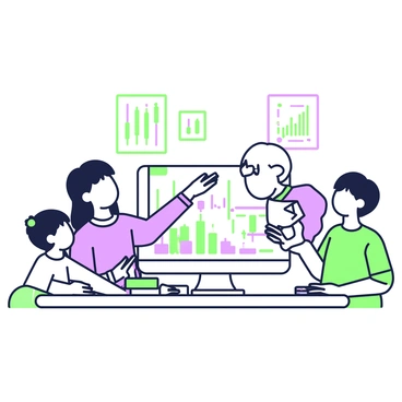 A family is gathered around a computer, engaged in learning about stocks together. In the center, a man with short hair is sitting at the desk, pointing at the screen while explaining. Next to him, a woman with long hair is leaning in, looking attentively at the display. Two children, a boy and a girl, are seated on either side of the desk, both showing interest in the information on the screen. The computer screen displays various graphs and stock data. On the desk, there are notebooks and pens scattered about, indicating that the family is taking notes. A few family pictures are visible on the wall behind them, adding to the homey atmosphere.