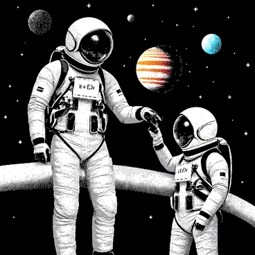 Two astronauts in sleek space suits are floating in space, surrounded by a variety of planets and twinkling stars. One astronaut, with a helmet reflecting distant celestial bodies, is writing equations on a transparent screen in front of them. The other astronaut, equipped with a tool belt, gestures towards a colorful planet nearby, which has distinct rings and a multitude of moons. The backdrop is filled with countless stars, some larger and brighter than others, creating a stunning depth to the scene.