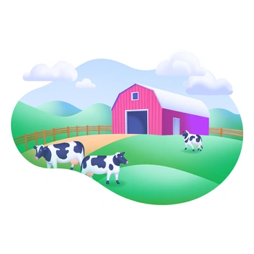 A modern pastel illustration depicting a farm landscape with rolling green hills. In the foreground, several cows with black and white spots are grazing on the vibrant grass. In the background, a large red barn stands prominently, with a white roof and open doors. A few fluffy clouds float in the blue sky above, and a wooden fence lines the field, adding depth to the scene.