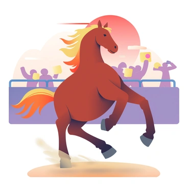 A wild horse with a glossy chestnut coat is rearing up on its hind legs in the foreground. Its mane flows dramatically in the wind, catching shades of orange and gold from the setting sun. The sky is filled with a gradient of warm colors, transitioning from deep red at the horizon to soft lavender higher up. There are silhouettes of rodeo spectators in the background, some raising their arms in excitement. The ground beneath the horse's hooves is dusty and slightly kicked up, creating a sense of motion and energy. A few scattered rodeo banners are visible, fluttering in the breeze.