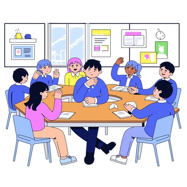Ayanokoji is seated at a wooden desk in a brightly lit classroom. He has a focused expression on his face as he engages with his classmates. Around him, several students are animatedly discussing, with some leaning forward in their chairs and others raising their hands to contribute. The classroom is filled with colorful posters on the walls, and there are open textbooks and notebooks scattered across the desks. Ayanokoji is wearing a casual school uniform, and a light breeze is coming through an open window, slightly rustling the papers on the desks.