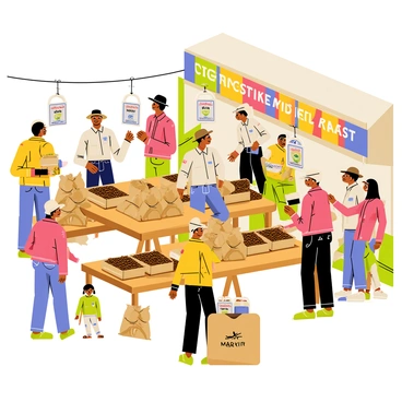 A bustling marketplace filled with farmers exchanging coffee beans. Farmers are standing around wooden tables piled high with burlap sacks of coffee beans from various regions. Each farmer is wearing a wide-brimmed hat and colorful, traditional clothing. Some farmers are shaking hands, while others are inspecting the quality of the coffee beans. The background features stalls adorned with vibrant banners and signs indicating the origins of the coffee beans. The atmosphere is lively, with people chatting and children playing nearby.