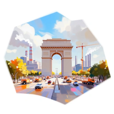 An iconic national monument stands prominently in the center of the image, showcasing its intricate architectural details. Surrounding the monument are various industrial structures, including factories with smokestacks and modern skyscrapers, illustrating the theme of progress. The scene features cranes and construction equipment, emphasizing ongoing development. In the foreground, a bustling street filled with vehicles and people adds a sense of activity and contrast to the timeless quality of the monument. The sky above is partly cloudy, hinting at a dynamic atmosphere.