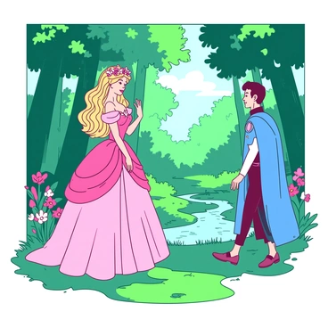 A pink princess wearing a flowing gown adorned with sparkling details is standing on a mossy path in a lush green forest. She has long golden hair adorned with delicate flowers. In front of her, a blue prince in a regal outfit is approaching with a gentle smile on his face. The trees around them are tall with thick emerald leaves, and soft beams of light filter through the branches, creating a dreamlike atmosphere. Colorful flowers bloom along the sides of the path, and a small stream can be seen in the background, reflecting the vibrant colors of the scene.