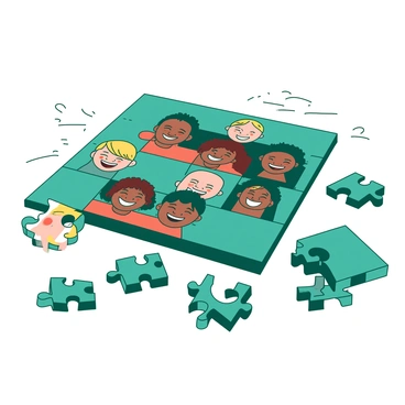 A teal puzzle with equal-sized pieces is spread out on a white table. Each piece fits snugly together, forming a vibrant image of diverse happy faces. The faces represent a variety of ethnicities and expressions, all smiling broadly. Surrounding the puzzle, there are a few scattered pieces waiting to be placed, adding a sense of completion to the scene. The happy faces in the puzzle display a rich array of colors, showcasing joy and togetherness through their expressions.
