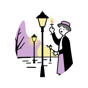 A servant, wearing a dark coat and a flat cap, is standing next to an old-fashioned street lamp. He is holding a long taper in one hand, reaching up to ignite the lamp's flame. The background reveals a cobblestone avenue lined with trees, their leaves softly illuminated by the warm glow of the lamps. The sky is transitioning to dusk, with shades of purple and orange visible, casting a gentle light over the scene. The cobblestones are slightly wet, reflecting the light from the newly lit lamps.
