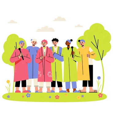 A group of singers standing in a park, wearing colorful robes in shades of red, blue, green, and yellow. Each singer has a different robe design, some with patterns and some solid. They are positioned together, holding microphones, with smiles on their faces as they perform. The setting features a bright, sunny sky with fluffy white clouds, and green trees in the background. Colorful flowers are scattered around the grass where the singers stand, adding vibrancy to the scene.