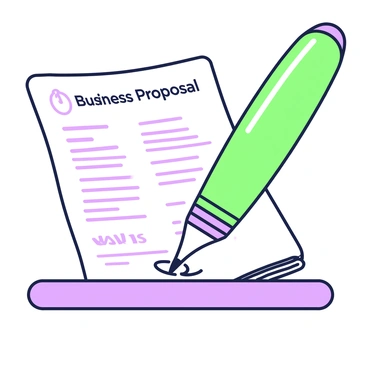 A close-up view of a pen poised above a document titled "Business Proposal." The pen is a sleek design with intricate details, reflecting light subtly. The document features clear text with headings and bullet points, indicating crucial information. A faint watermark is present in the background, adding to the document's professional appearance. The surface beneath the document is smooth and polished, emphasizing the importance of the signing moment.