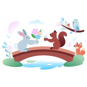 A small wooden bridge spans over a gentle stream. On one side of the bridge, a rabbit with a fluffy white tail is handing a colorful bouquet of wildflowers to a squirrel with a bushy tail. The squirrel is holding a shiny acorn in exchange. On the other side of the bridge, a wise-looking owl is perched on a low branch, observing the exchange with interest. Nearby, a playful fox is sitting on the grass, watching the animals with a curious expression. The entire scene is filled with pastel colors, creating a light and cheerful atmosphere.