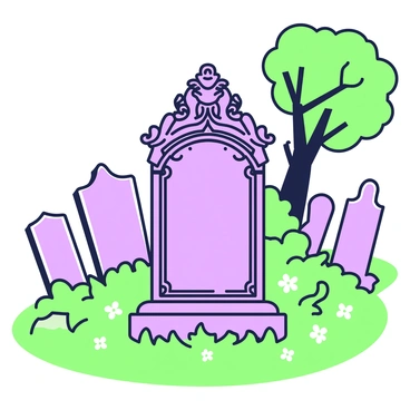 An ornate Victorian-era tombstone stands prominently in an old cemetery. The tombstone features intricate carvings, including floral motifs and elaborate scrollwork. The top of the tombstone is arched, displaying a detailed relief of a cherub. Surrounding the tombstone, there is a lush green overgrowth of grass and small wildflowers. In the background, several weathered gravestones with varying shapes and sizes can be seen, partially obscured by the foliage. A few trees with gnarled branches provide shade over the scene, contributing to the somber atmosphere.