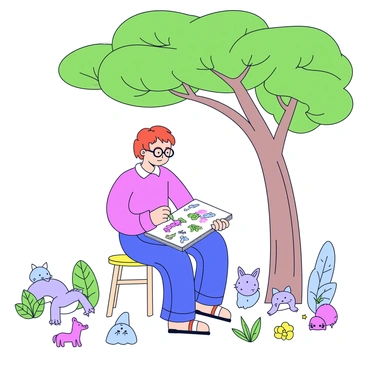 A scholar sitting on a simple wooden stool while sketching. The scholar has short hair and is wearing glasses. In front of them is a sketchbook resting on their lap, filled with detailed drawings of various plants and animals. The scholar's attention is focused on a small flower nearby. The tree overhead provides shade, with broad green leaves creating a dappled light effect on the ground. Around them, a variety of plants and small animals can be seen, adding to the lively atmosphere of the great outdoors.