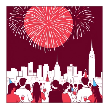 A white city skyline is illuminated by vibrant red fireworks exploding in the night sky. The buildings are silhouetted against the glowing display, with some structures featuring bright lights reflecting the festive atmosphere. Crowds of people gather below, looking up in awe at the spectacle above. Some individuals are wearing party hats and holding colorful drinks, adding to the celebratory mood of the scene.