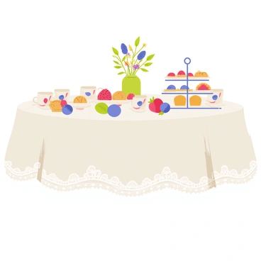 A small round table draped with a white lace tablecloth is set for a tea party. The table features berry-themed cups adorned with images of strawberries and blueberries. Each cup is accompanied by a matching saucer. A variety of treats are displayed on the table, including a tiered stand filled with small scones, raspberry tarts, and blueberry muffins. Fresh berries are scattered across the table, adding color and vibrancy. A small vase in the center holds a bouquet of wildflowers, completing the charming setup.