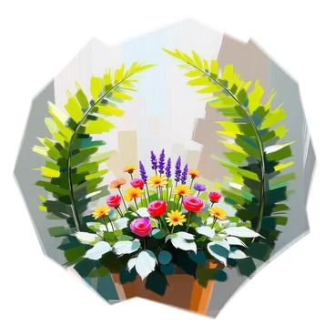 A circular arrangement of lush green ferns, their leaves fanning outwards, creating a natural frame. In the center, there is a vibrant small flower garden featuring various colorful flowers such as red roses, yellow daisies, and purple lavender, all in full bloom. The ferns are dense and provide a contrasting backdrop that highlights the bright colors of the flowers. The composition showcases the harmonious coexistence of the ferns and the flowers, inviting the viewer into this serene garden setting.