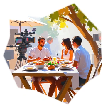 An extra with medium skin tone, wearing casual clothing, is seated at a rustic wooden table in a makeshift outdoor dining area on a film set. The table is set with a variety of colorful dishes, including a salad, a grilled chicken, and bread rolls. Sunlight filters through nearby trees, creating dappled shadows on the table. The extra is smiling and engaged in conversation with another person, who is also seated at the table. In the background, film equipment and crew members are visible, subtly hinting at the bustling activity of the set.