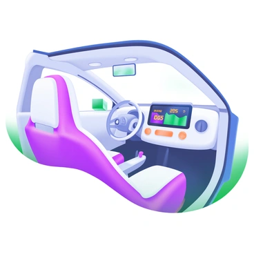 A modern pastel illustration of the interior of a white car featuring a minimalist dashboard. The dashboard includes a sleek digital display with vibrant graphics, showing speed and navigation information. Various touch-sensitive controls are positioned neatly below the display. The interior is adorned with soft, light-hued upholstery, enhancing the contemporary feel. Subtle ambient lighting casts a gentle glow throughout the space, with the steering wheel designed for comfort and functionality.