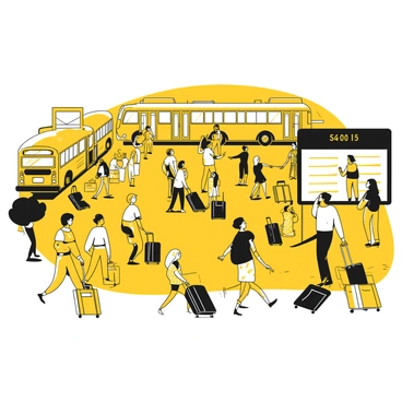 A crowded bus terminal filled with travelers moving about. Many people carry various types of luggage, including suitcases and backpacks. Some individuals are checking schedules on a large display board while others are chatting in small groups. In the background, several buses are parked, with some getting ready to depart. The scene captures a sense of activity and movement, with some travelers hurrying towards their buses.