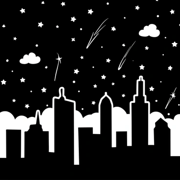 A city skyline with tall buildings outlined in black is set against a background of a starry night sky. Numerous stars are scattered throughout the sky, with several shooting stars streaking across it. The silhouettes of the buildings are sharply defined, and there are a few clouds floating above. The scene captures the tranquility of a night, with the shooting stars adding a sense of movement and wonder to the stillness of the city.