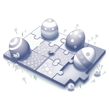 A giant puzzle laid out on the ground, consisting of various pieces shaped like Easter eggs. Each piece exhibits different patterns and designs, featuring floral motifs, dots, and stripes. The puzzle pieces are interlocked in a way that showcases their unique shapes and colors. Surrounding the puzzle, there are small, detailed elements like green grass and a few scattered daisies, emphasizing the outdoor setting. The scene captures the essence of a playful and festive atmosphere.