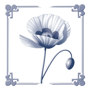 A detailed poppy flower is displayed prominently in the center of the image. The petals of the flower are fully open, showcasing their delicate structure and features. Surrounding the flower, there are intricate, ornate borders that frame the composition, adding a decorative element. The overall design conveys a sense of age and history, with slightly faded details enhancing the vintage appearance.