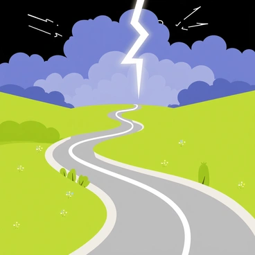 A long, winding road stretches across the scene, leading into the distant horizon. The road is surrounded by lush green fields on either side, dotted with small wildflowers. Above the road, a dramatic sky is visible, filled with dark, swirling clouds. A brilliant flash of lightning illuminates the landscape, casting bright light on the road and creating stark contrasts with the shadows. The atmosphere conveys a sense of movement as the road curves gracefully away from the viewer.