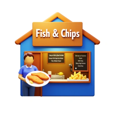 A quaint fish and chip shop with a wooden sign hanging above the door that says "Fish & Chips." The shop features a cozy exterior with a small window displaying golden-brown, crispy fish and chips on a plate. A friendly staff member is serving the meal, holding the plate with two pieces of battered fish alongside a generous portion of golden fries. The shop's interior shows a glimpse of the fryer and a chalkboard menu with daily specials written in white chalk. The warm light emanating from the shop creates an inviting atmosphere.