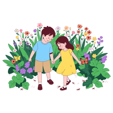 Two children are walking hand in hand through a lush garden filled with an array of vibrant plants. One child is wearing a blue shirt and khaki shorts, while the other is dressed in a yellow dress. They are bending down to examine a small orange butterfly perched on a green leaf. Surrounding them, a variety of colorful flowers bloom, and small insects can be seen crawling along the ground. The sunlight casts a warm glow over the scene, highlighting the joy of their discovery.