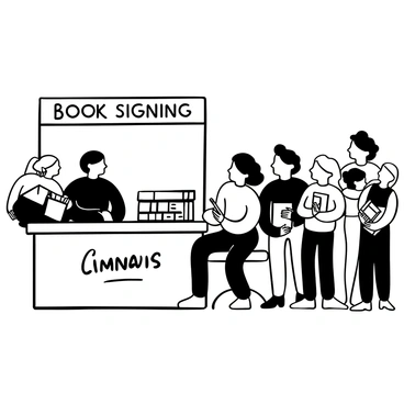 An illustrator sitting at a booth with a stack of their books in front of them, holding a pen and preparing to sign one of the books. The booth features a small banner with the words "Book Signing" printed on it. In front of the booth, there is a long line of eager fans holding copies of the book, waiting patiently. Some fans are chatting with each other, while others are looking at the illustrator with excitement. The scene captures a lively atmosphere filled with anticipation.