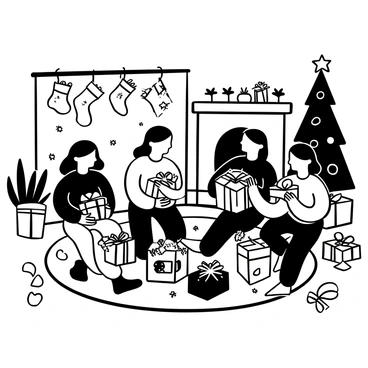 The four March sisters sitting on a cozy carpet, surrounded by wrapped presents in an inviting living room. Each sister is exuberantly tearing open her gift, showcasing a variety of items spilling out. Some presents are adorned with ribbons and tags, while others are simply wrapped in colorful paper. The fireplace in the background has a warm glow, with stockings hanging above it. A Christmas tree stands nearby, decorated with baubles and twinkling lights. Scattered around the floor are bits of wrapping paper and bows, adding to the festive atmosphere.