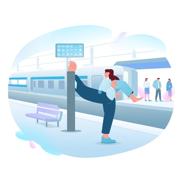 A business person in a tailored suit is standing on a platform at a train station. The individual is stretching their calf by leaning against a metal pole, with one leg extended behind them. Nearby, there are benches and a digital display board showing train schedules. The background features a train arriving at the station, with passengers waiting on the platform. The environment is lively, capturing the hustle and bustle of commuters.