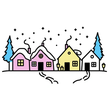 A small village covered in a thick layer of snow. Each house has smoke rising from the chimneys, indicating warmth inside. The windows of the cottages glow with "twinkling lights," illuminating the snowy surroundings. Snow-laden trees stand tall beside the houses, and soft snowflakes fall gently from the sky. Pathways in the village are marked by footprints and lined with small lanterns that enhance the cozy atmosphere.