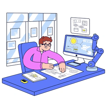 An engineer is sitting at a sleek, modern desk in a contemporary office. The engineer has short brown hair and is wearing glasses. He is intently reviewing a set of detailed blueprints laid out in front of him. The office is filled with various high-tech gadgets and tools, including a computer monitor displaying 3D models, a digital tablet, and a robotic arm on the side of the desk. Sunlight is streaming in through large windows, illuminating the workspace. The walls are adorned with framed technical diagrams and blueprints.