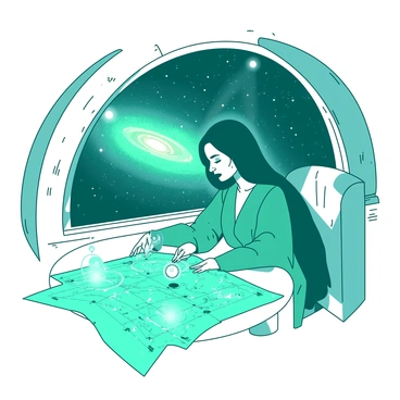 A teal fortune teller with long flowing robes is seated at a round table inside a white space station. The table is covered in intricate star charts depicting distant galaxies, each filled with detailed constellations and celestial bodies. In front of the fortune teller, there are several glowing orbs emitting soft light, casting flickering shadows across the table. The fortune teller has a mysterious expression as she studies the charts, her fingers delicately tracing the lines of a prominent galaxy. Through a large window, the vastness of space filled with stars and colorful nebulae is visible, enhancing the otherworldly atmosphere of the scene.