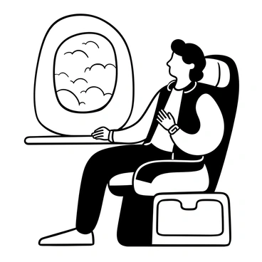 A figure of a man with a distinct athletic build, dressed in a sleek sports jacket and fitted pants, sits in a first-class airplane seat. He gazes out of the large airplane window, where clouds can be seen drifting beneath him. The interior of the airplane is detailed, showcasing plush seating, an overhead compartment, and a small table beside him. A watch is visible on his wrist, indicating a sense of style and punctuality. The overall setting conveys a sense of luxury and travel.