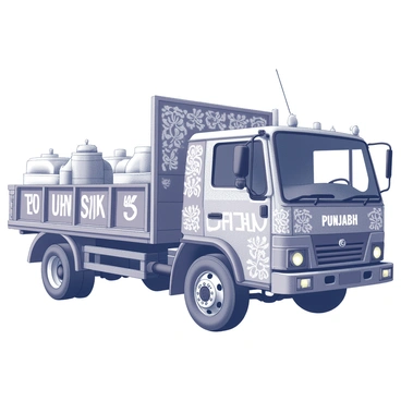 A Punjabi truck with intricate decorations and motifs. The truck features elaborate hand-painted designs that cover its exterior, showcasing traditional patterns and symbols. Bold slogans are displayed prominently on the sides in a stylized font. The truck has a large cargo area that is filled with various items, adding to its visual complexity. The structure of the truck is adorned with embellishments such as tassels and metallic accents, highlighting its cultural significance.