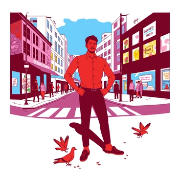 A red central figure stands confidently at a crossroads, surrounded by a backdrop of contrasting environments. To the left, there are graffiti-covered walls adorned with colorful street art featuring various designs and messages. On the right, clean storefronts display vibrant window displays, showcasing a variety of goods. The ground is bustling with people walking, and a few pigeons are pecking at crumbs near the base of the central figure. A blue sky is visible above, enhancing the lively atmosphere of the scene.