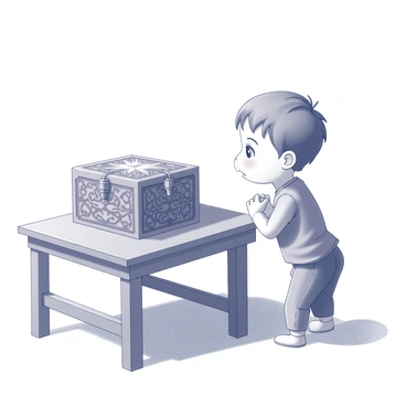 A child stands in front of a wooden table, staring intently at a mysterious box resting on its surface. The box is ornately designed with intricate patterns etched into its sides, hinting at its secrets. The child has wide eyes filled with curiosity and a slight furrow of hesitation on their brow. Their small hands are clutched together in front of them, and they lean forward slightly, as if drawn closer by an unseen force. The room around them is softly illuminated, casting gentle shadows that enhance the atmosphere of intrigue.