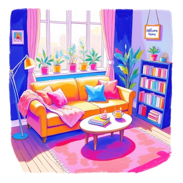 A cozy living room features a plush sofa with decorative cushions and a soft throw blanket draped over one side. A round coffee table is set in front of the sofa, holding a steaming mug and a stack of books. A warm rug lies on the wooden floor, adding comfort to the space. A bookshelf filled with colorful books is situated against one wall. Near the window, houseplants in vibrant pots bring life to the room. Soft lighting emanates from a stylish floor lamp, creating a warm and inviting atmosphere. "Welcome Home" is displayed on a decorative wall sign.