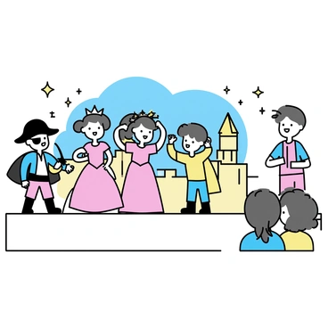 A group of children performing on a small stage, each wearing colorful costumes. One child dressed as a pirate has a black hat and an eye patch, while another girl is dressed as a princess in a pink gown with a sparkling tiara. A boy wearing a bright yellow superhero costume stands triumphantly with his fists in the air. The backdrop of the stage features a painted scene of a castle and a blue sky. In the audience, a few parents are watching with smiles on their faces, capturing the joyful atmosphere of the performance.