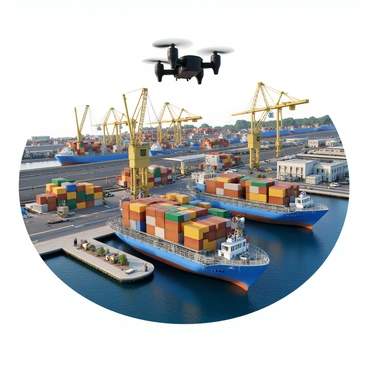 A drone hovering above a busy harbor, capturing an expansive view of the scene below. The harbor is filled with several large ships, some loading and unloading cargo containers. Numerous brightly colored cargo containers are stacked both on the ships and along the dock, creating a vibrant mosaic of colors. The water is a deep blue, reflecting the sky and the activities taking place. Cranes are positioned along the dock, lifting containers with precision. The shoreline features warehouses and vehicles, completing the bustling harbor atmosphere.