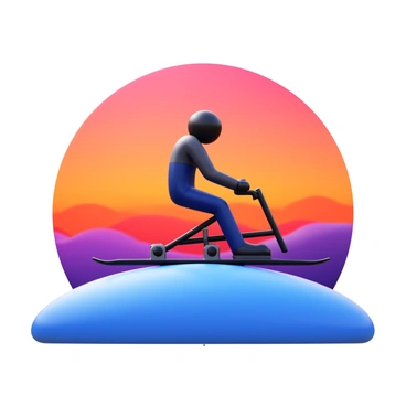 A ski-bike rider in a dynamic pose, silhouetted against a "vibrant sunset" with shades of orange, pink, and purple filling the sky. The rider is positioned on top of a "snowy hill" with the snow glistening under the fading sunlight. The silhouette of the ski-bike is clearly defined, showcasing its unique structure and features. The hill slopes gently downwards, leading into a vast wintry landscape that stretches into the horizon.
