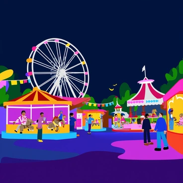 A night-time carnival with colorful, flickering lights illuminating the scene. Various empty rides, including a towering Ferris wheel and a merry-go-round with intricately painted horses, stand still against the dark sky. The ground is covered with a patchwork of vibrant colors from old carnival games and food stalls. Lush banners and streamers hang between the rides, creating a festive atmosphere despite the absence of people. Shadows stretch across the area as the lights cast a magical glow.