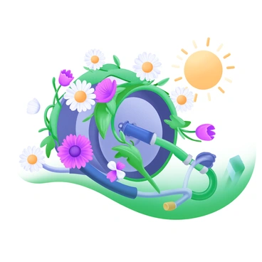 A garden hose reel overflowing with blooming flowers and vines under a bright sun