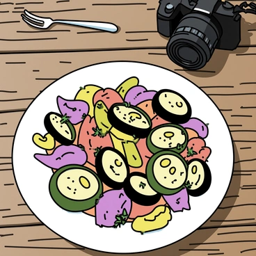 A colorful ratatouille dish arranged in a circular pattern on a white plate, showcasing layers of thinly sliced zucchini, eggplant, and bell peppers. The vibrant vegetables are drizzled with olive oil and sprinkled with fresh herbs. A rustic wooden table serves as the surface beneath the plate. A camera is positioned above the plate, capturing the dish for a food blog. Soft natural light enhances the colors and textures of the vegetables.