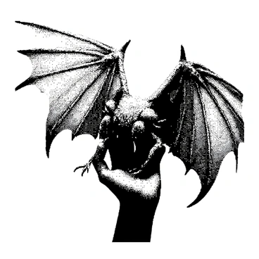 A hand is depicted holding a mythical creature. The creature has large, intricate wings that are spread open, showcasing their detailed structure. Its body is covered in scales that reflect light, giving it a textured appearance. The hand is gently gripping the creature, emphasizing the contrast between the size of the hand and the creature's wingspan. The creature's head is turned slightly to the side, revealing sharp features and a fierce expression.