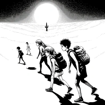 A group of anime characters is walking through a vast desert landscape. The sun is high in the sky, casting strong shadows on the sandy ground. The characters include a young girl with long flowing hair, wearing a lightweight outfit, and a boy with spiky hair and a determined expression. They are surrounded by undulating sand dunes that stretch into the horizon. In the distance, there is a lone cactus standing tall. The characters carry backpacks filled with supplies for their journey, with their expressions showing a mix of excitement and fatigue.