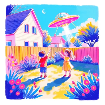 A suburban backyard features two children, a boy and a girl, both pointing excitedly towards the sky. The boy has short brown hair and is wearing a red t-shirt and denim shorts, while the girl has long blonde pigtails and is dressed in a yellow dress. In the background, a wooden fence surrounds the yard, and colorful flowers are blooming along the edges. Above them, a shiny UFO with bright lights is hovering in the clear daytime sky. The sun shines down, illuminating the scene with vibrant colors.